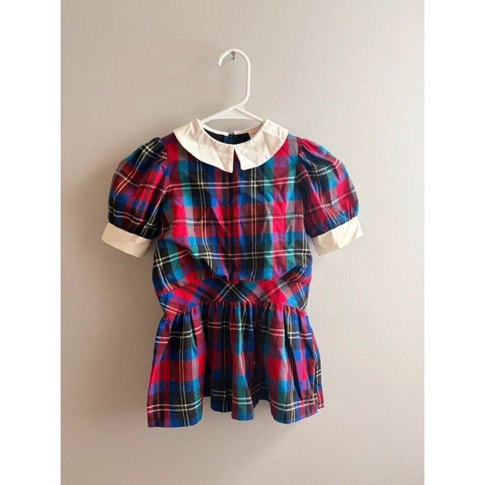 Vintage Sandy’s Girls Plaid Holiday Dress Peter Pan Collar Size 5, preppy, fall